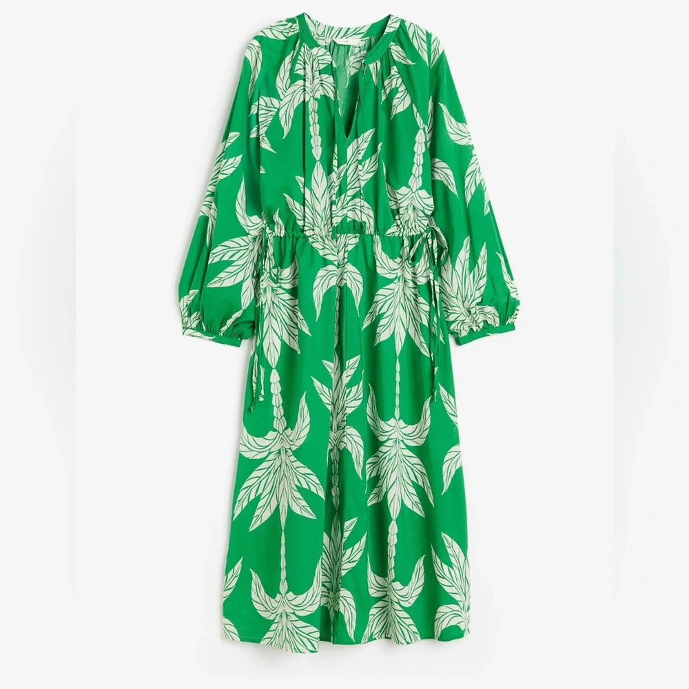 H&M Tie-detail Knee-length Tropical Print Dress Sz Small 100% Cotton - Picture 3 of 7